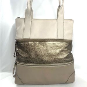 Fossil Cream Metallic Gold Taupe Stripes Leather Large Shoulder Bag Purse